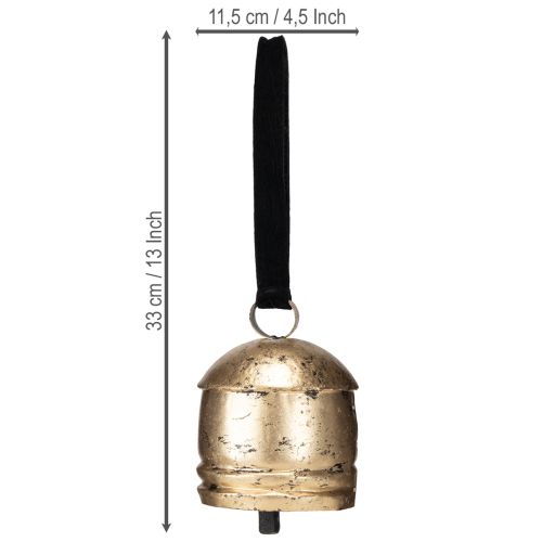 Floristik24 Campana vintage dorada con cinta de terciopelo negro H15cm