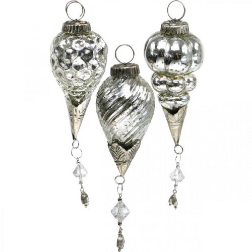 Floristik24 Colgante navideño vintage gotas de cristal plata 20cm 3pcs