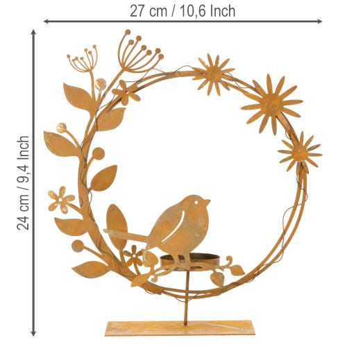 Portavelas decorativo con forma de pájaro y flor, aspecto oxidado, 24×27×6 cm. | Floristik24.es