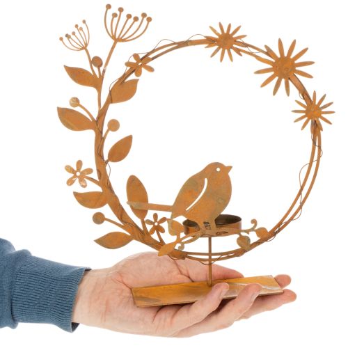 Portavelas decorativo con forma de pájaro y flor, aspecto oxidado, 24×27×6 cm. | Floristik24.es
