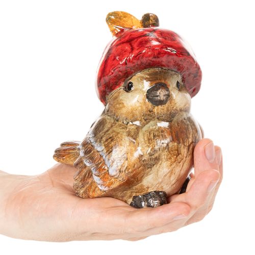 Figura decorativa de pájaro con gorro de manzana roja, decoración otoñal, 13 cm. | Floristik24.es