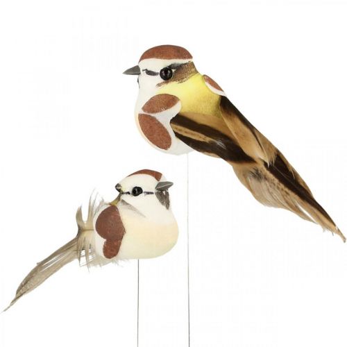 Floristik24 Decoración de primavera, pájaros en un alambre, pájaro artificial marrón, blanco H3cm 12pcs