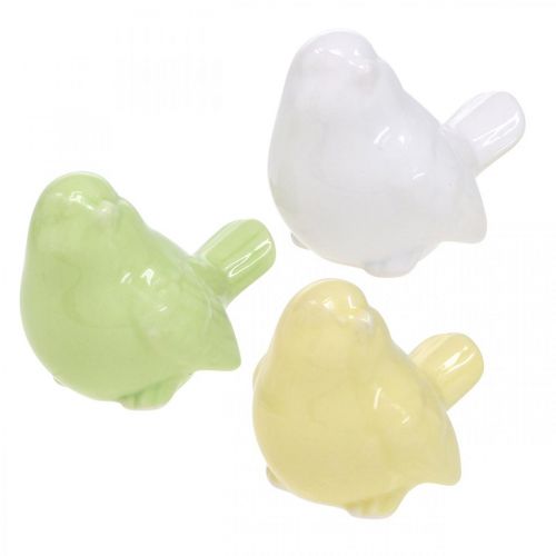 Pájaro de cerámica blanco, verde, amarillo, decoración de mesa H5cm L6cm 6pcs