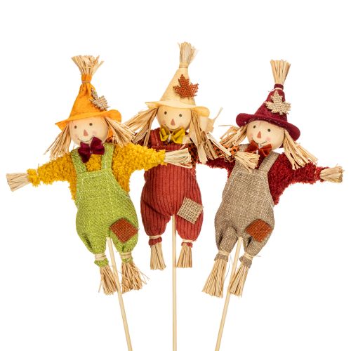 Figura decorativa de espantapájaros sobre un palo para manualidades y plantas, 60 cm.