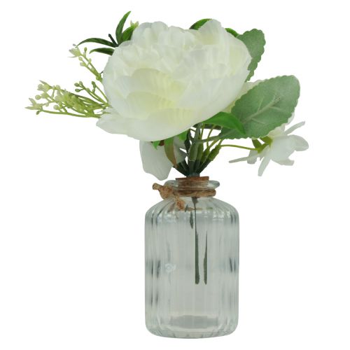 Decoración de mesa peonía blanca en jarrón de cristal artificial 20cm