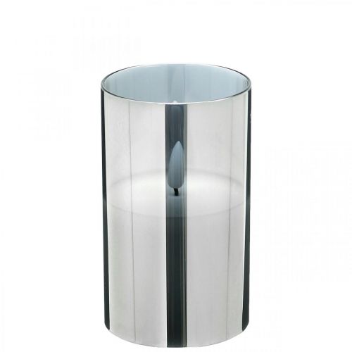 Floristik24 Vela LED festiva en vaso plateado, cera real, blanco cálido, temporizador, funciona con pilas Ø7,3cm H12,5cm