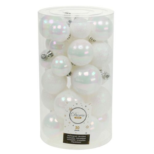 Floristik24 Bola navideña blanca iridiscente Ø3.5cm - Ø5.5cm 30pcs