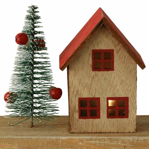 Artículo Pueblo navideño con iluminación LED natural, madera roja 40 × 10,5 × 7cm