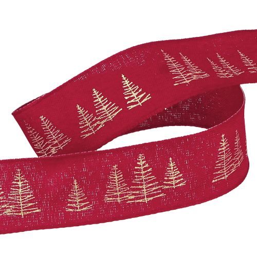Floristik24 Cinta decorativa navideña en rojo con motivos de árboles de Navidad dorados, ancho 25 mm, largo 15 m