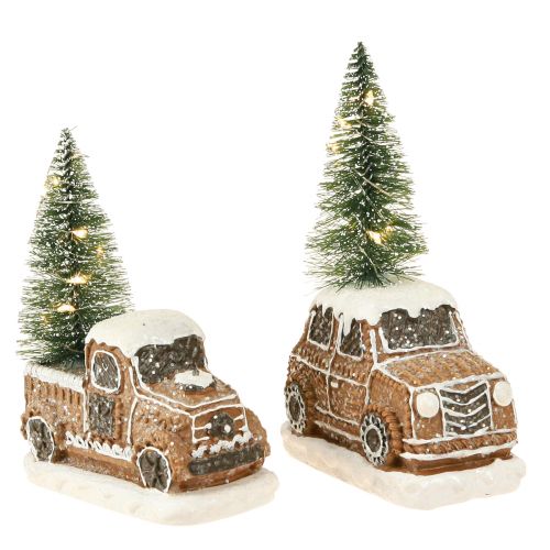 Floristik24 Coche navideño con árbol de Navidad LED en marrón blanco 2 piezas