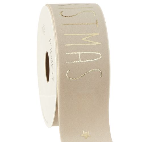 Floristik24 Cinta navideña terciopelo beige Feliz Navidad Dorado A40mm L5m