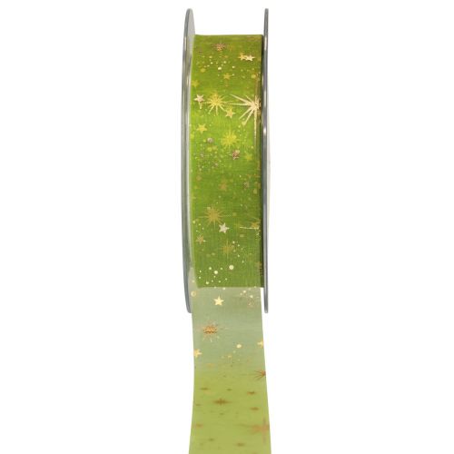 Artículo Cinta Navidad, cinta de organza verde con estampado de estrellas 25mm 25m