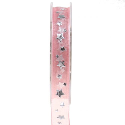 Floristik24 Cinta de navidad organza rosa con motivo de estrella 15mm 20m