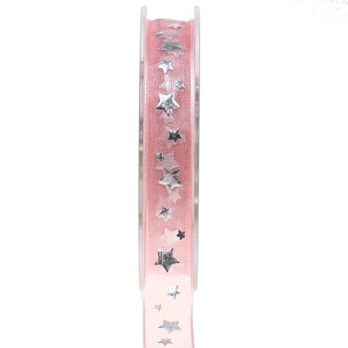 Artículo Cinta navideña organza rosa con motivo de estrella 15mm 20m