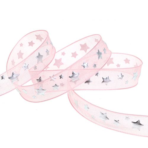 Artículo Cinta navideña organza rosa con motivo de estrella 15mm 20m