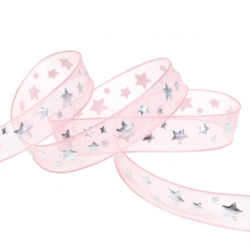 Artículo Cinta de navidad organza rosa con motivo de estrella 15mm 20m