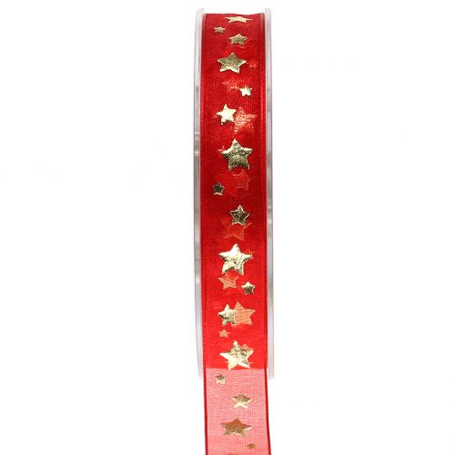 Floristik24 Cinta navideña de organza roja con motivo estrella 15mm 20m