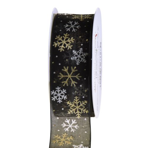 Floristik24 Cinta navideña organza copos de nieve oro negro 40mm 15m
