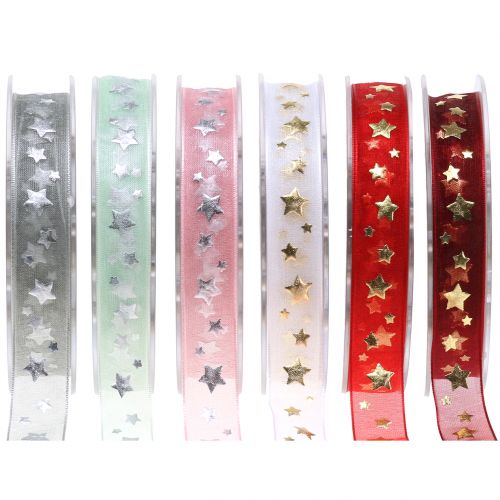 Artículo Cinta navideña organza con motivo de estrella 15mm 20m