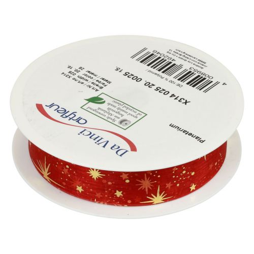 Floristik24 Cinta Navidad organza con estampado de estrellas rojas 25mm 25m