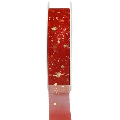 Floristik24 Cinta Navidad organza con estampado de estrellas rojas 25mm 25m