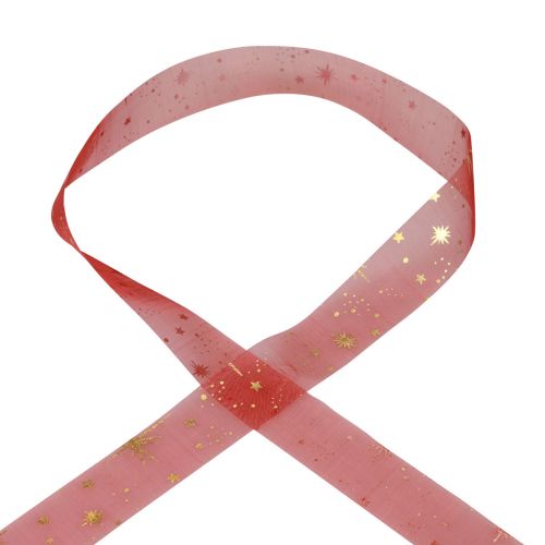 Floristik24 Cinta Navidad organza con estampado de estrellas rojas 25mm 25m