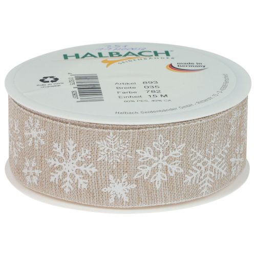 Floristik24 Cinta navideña copo de nieve cinta de regalo beige 35mm 15m
