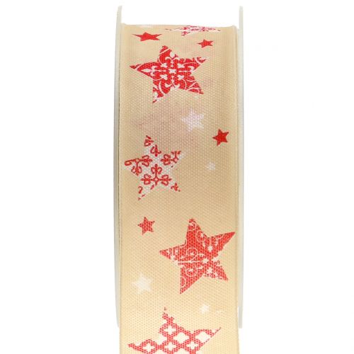 Floristik24 Cinta navideña con motivo estrella crema 40mm 20m