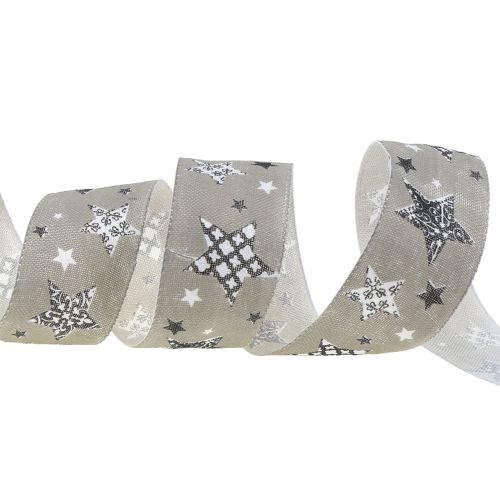 Floristik24 Cinta navideña con motivo estrella gris 40mm 20m