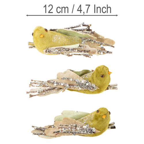Artículo Decoración navideña pájaro en clip verde, purpurina 12cm 6 piezas surtidas
