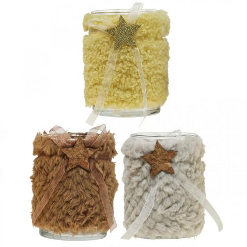 Artículo Decoración navideña farol vidrio piel sintética H12cm Ø9.5cm 3pcs