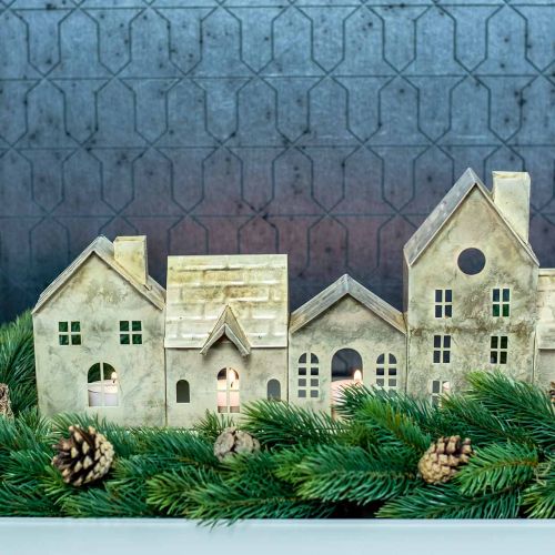 Floristik24 Diorama navideño, decoración de metal con iluminación, faros dorados, aspecto vintage L67.5cm H20cm