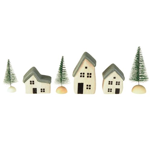 Pueblo navideño de madera con abetos verdes y blancos, 5-8 cm, juego de 6