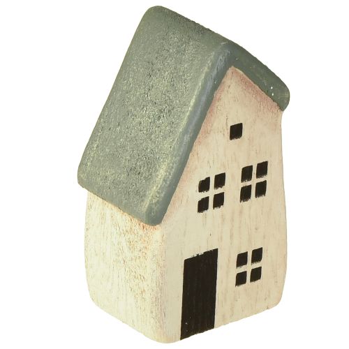 Artículo Pueblo navideño de madera con abetos verdes y blancos, 5-8 cm, juego de 6