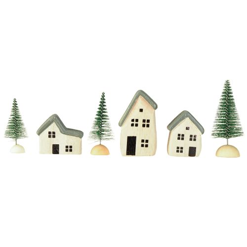 Artículo Pueblo navideño de madera con abetos verdes y blancos, 5-8 cm, juego de 6