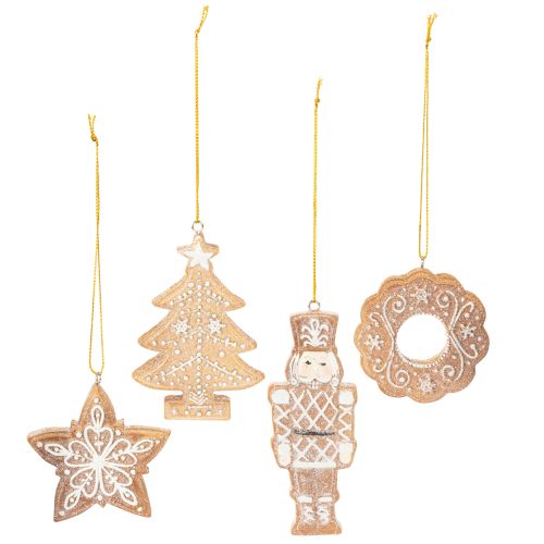 Adornos navideños, pan de jengibre, aspecto de glaseado, cascanueces, estrella, árbol, corona, 6 cm, 4 piezas