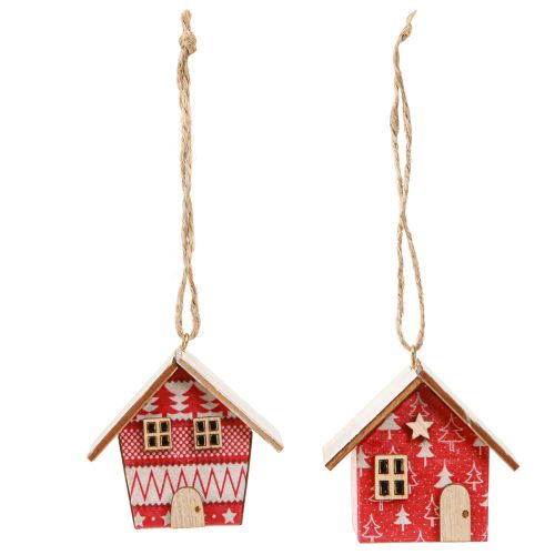 Casitas navideñas para colgar papel madera rojo 5,5cm 6 uds
