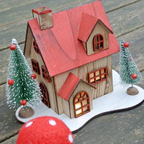 Floristik24 Casa navideña con iluminación LED natural, madera roja 20 × 15 × 15cm