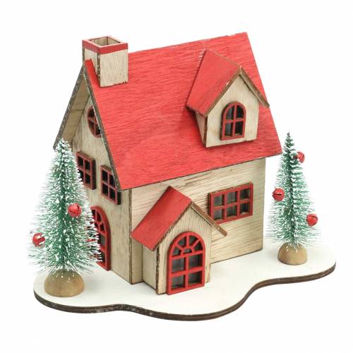 Casa navideña con iluminación LED natural, madera roja 20 × 15 × 15cm
