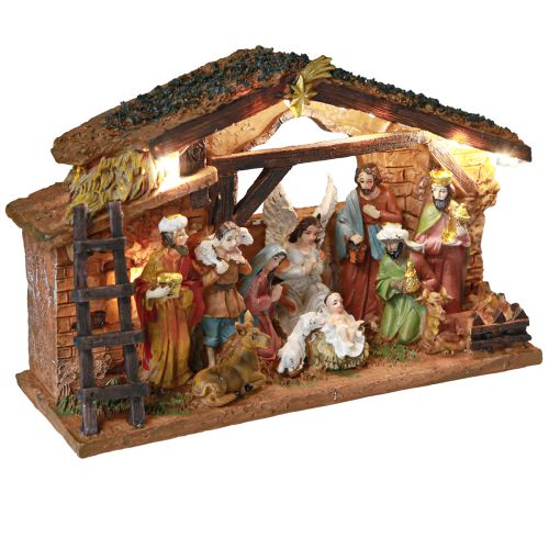 Belén navideño con figuras y LED pintado a mano 23×14cm