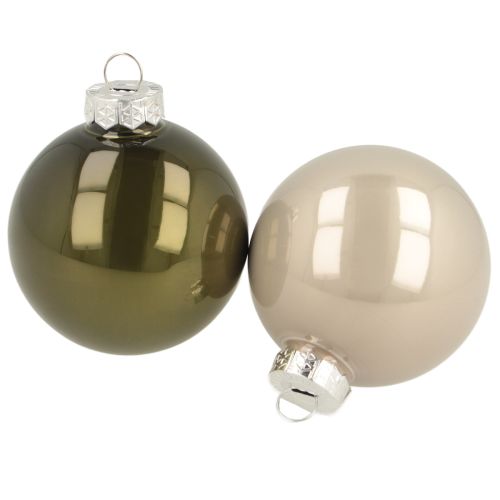 Floristik24 Juego de 2 bolas de cristal para árbol de Navidad brillantes en colores oliva y arena con colgador de 5 cm, 24 unidades