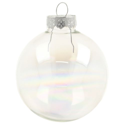Bola navideña de cristal perlado transparente con efecto iridiscente y colgador de metal, 5 cm, 24 unidades