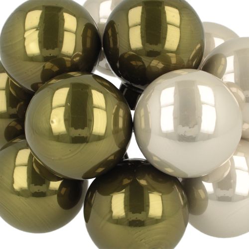 Artículo Bola de Navidad de cristal con espejo, bayas, color oliva y plata, Ø40 mm, 32 unidades