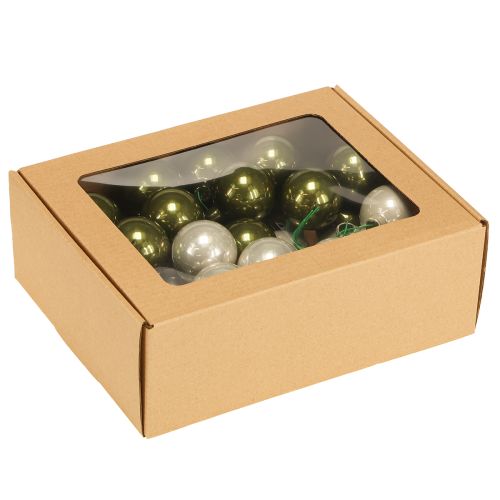 Artículo Bola de Navidad de cristal con espejo, bayas, color oliva y plata, Ø40 mm, 32 unidades