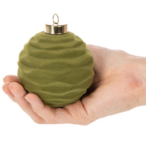 Adornos para árbol de Navidad, aspecto aterciopelado, verde, mezcla texturizada, 8 cm, 12 piezas, adornos navideños flocados, verde musgo, adornos de plástico, flocados verde musgo, cordones de algodón incluidos para cada adorno. | Floristik24.es