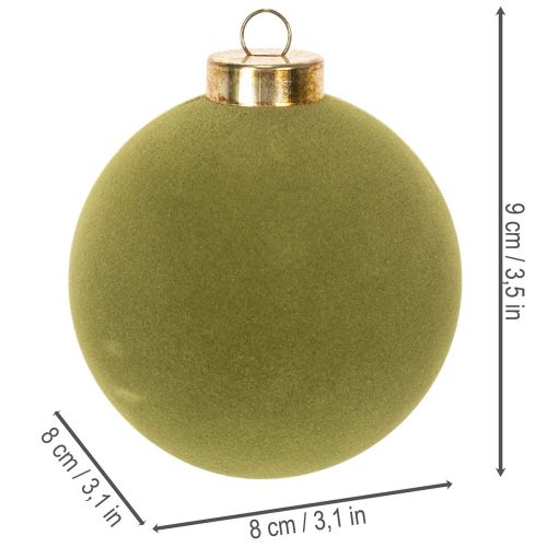 Adornos para árbol de Navidad, aspecto aterciopelado, verde, mezcla texturizada, 8 cm, 12 piezas, adornos navideños flocados, verde musgo, adornos de plástico, flocados verde musgo, cordones de algodón incluidos para cada adorno. | Floristik24.es