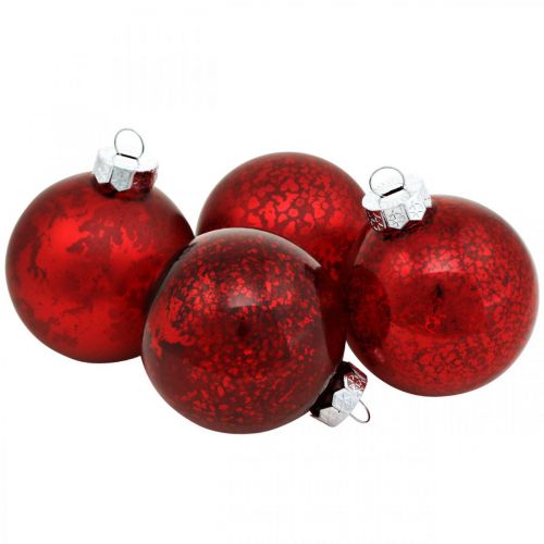 Artículo Bola de árbol, decoración del árbol de Navidad, bola de cristal veteado rojo H4,5cm Ø4cm vidrio real 24 piezas