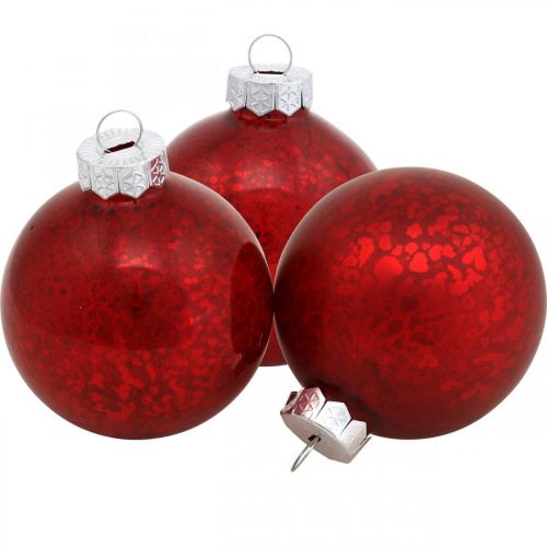 Floristik24 Bola de árbol de Navidad, colgante de árbol, bola de Navidad jaspeada roja H6.5cm Ø6cm vidrio real 24ud