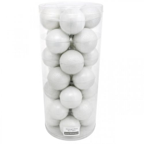 Artículo Bola de nieve, colgante de árbol, decoración del árbol de Navidad, decoración de invierno blanco H6,5cm Ø6cm vidrio real 24 piezas