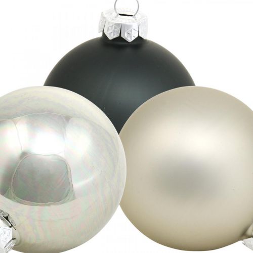 Artículo Bolas de Navidad, colgantes para árboles de Navidad, adornos para árboles negro / plata / nácar H6.5cm Ø6cm vidrio real 24pcs